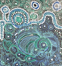 Load image into Gallery viewer, Colorful APY lands art with swirling patterns in green, blue, and white.
