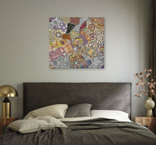 Load image into Gallery viewer, "My Country (Utopia)" by Janet Golder Kngwarreye in minimalist bedroom setting - original Aboriginal painting, 97cm x 86cm
