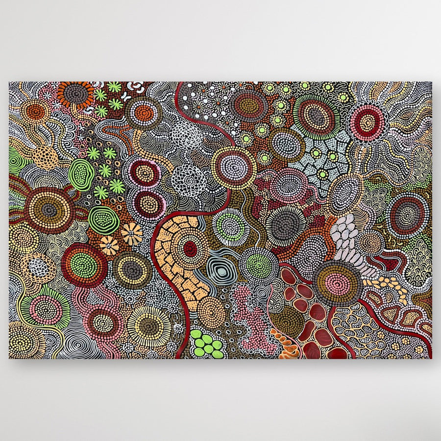 "My Country and Budgerigar Story" original Aboriginal painting by Julieanne Turner Nungurrayi, 119cm x 78cm - authentic Indigenous Australian artwork