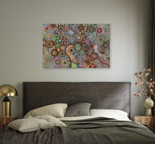 Load image into Gallery viewer, "My Country and Budgerigar Story" Aboriginal painting by Julieanne Turner Nungurrayi displayed in modern room setting
