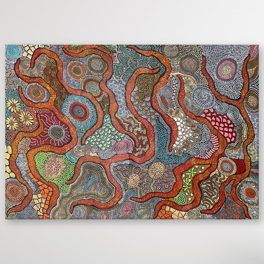 "My Country and Bush Tucker" Julieanne Turner Nungurrayi 147cm x 100cm, original Aboriginal painting