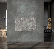 Load image into Gallery viewer, "Budgerigar Dreaming Story &amp; Bush Tucker" Julieanne Turner Nungurrayi Aboriginal artwork displayed on wall, 171cm x 110cm
