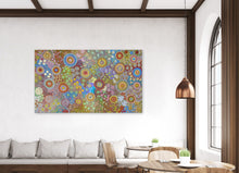 Load image into Gallery viewer, "Budgerigar Dreaming &amp; Bush Tucker Story" by Julieanne Nungurrayi Turner displayed in modern living room - original Aboriginal painting, 197cm x 115cm
