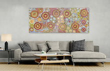 Load image into Gallery viewer, "Budgerigar Dreaming &amp; Bush Tucker Story" by Julieanne Nungurrayi Turner displayed in modern living room - original Aboriginal painting, 200cm x 84cm
