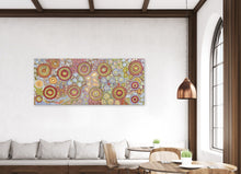 Load image into Gallery viewer, "Budgerigar Dreaming &amp; Bush Tucker Story" by Julieanne Nungurrayi Turner in minimalist bedroom - original Aboriginal painting, 200cm x 84cm
