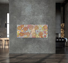 Load image into Gallery viewer, "Budgerigar Dreaming &amp; Bush Tucker Story" by Julieanne Nungurrayi Turner styled in modern dining room - original Aboriginal painting, 200cm x 84cm
