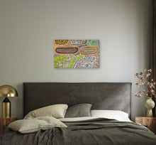 Load image into Gallery viewer, "Budgerigar Dreaming" Aboriginal art by Julieanne Turner Nungurrayi - displayed on wall, 80cm x 50cm
