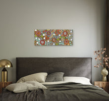 Load image into Gallery viewer, "Budgerigar Dreaming Story" Aboriginal art by Julieanne Turner Nungurrayi - displayed on wall, 97cm x 40cm
