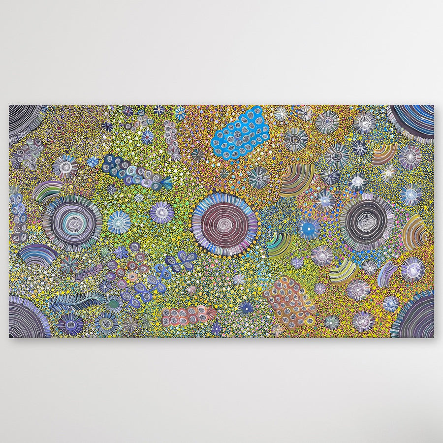 "Bush Plum Dreaming" original Aboriginal painting by June Bird, 199cm x 109cm - authentic Indigenous Australian artwork