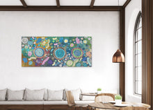 Load image into Gallery viewer, "My Country" by June Bird - wall display view showing scale of Aboriginal painting, 200cm x 95cm
