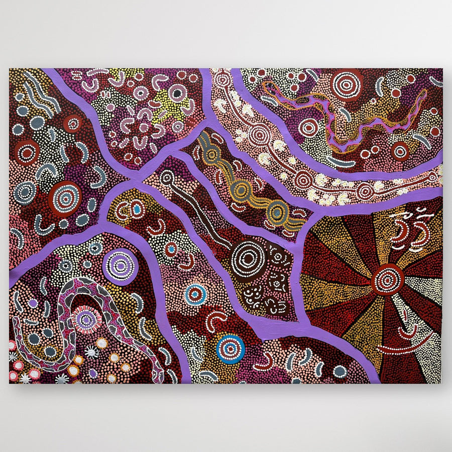 "Seven Stories" original Aboriginal painting by Maureen Nampijinpa Hudson, 122cm x 90cm - authentic Indigenous Australian artwork