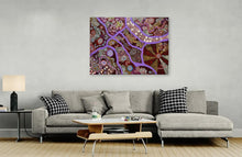 Load image into Gallery viewer, "Seven Stories" by Maureen Nampijinpa Hudson in contemporary bedroom setting - original Aboriginal painting, 122cm x 90cm
