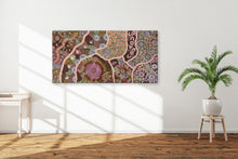 Load image into Gallery viewer, "Fire Dreaming" by Maureen Nampijinpa Hudson displayed in modern living room - original Aboriginal painting, 151cm x 75cm
