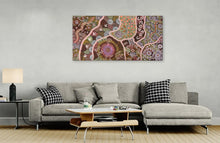 Load image into Gallery viewer, "Fire Dreaming" by Maureen Nampijinpa Hudson in contemporary bedroom setting - original Aboriginal painting, 151cm x 75cm
