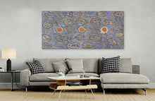 Load image into Gallery viewer, "Seven Sisters" by Maureen Nampijinpa Hudson displayed in modern living room - original Aboriginal painting, 195cm x 90cm
