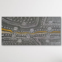 Load image into Gallery viewer, &quot;My Country&quot; by Delvine Pitjara, Aboriginal artwork from Utopia depicting her ancestral landscape through detailed patterns and flowing brushwork displayed on white wall
