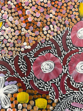 Load image into Gallery viewer, Colorful aboriginal artwork with floral patterns and dots on a black background

