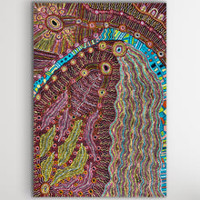 Load image into Gallery viewer, Detail of Rainbow Snake and Waterhole painting by Debra Umala showing dot work and colour
