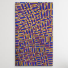 Load image into Gallery viewer, Tingari cultural Aboriginal story geoemtric shapes in yellow, red and vibrant ultramarine blue, with white dots
