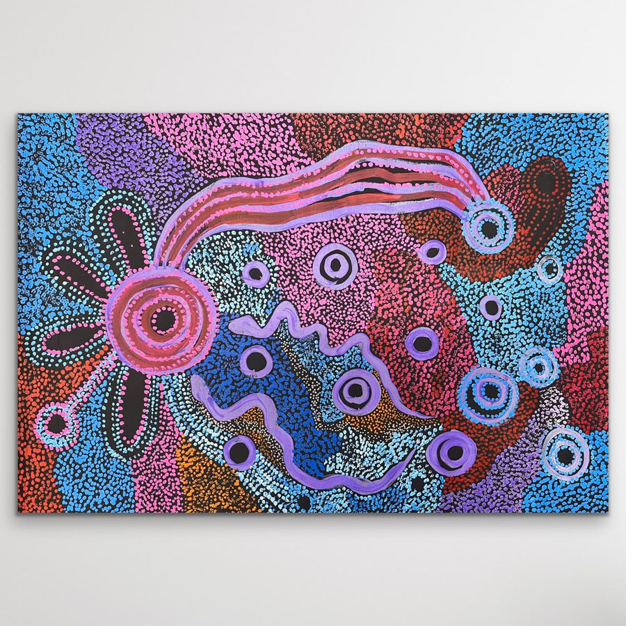 "Piltati Tjukurpa" Rhoda Tjitayi 87cm x 59cm leading APY Lands artist snake dreaming story 