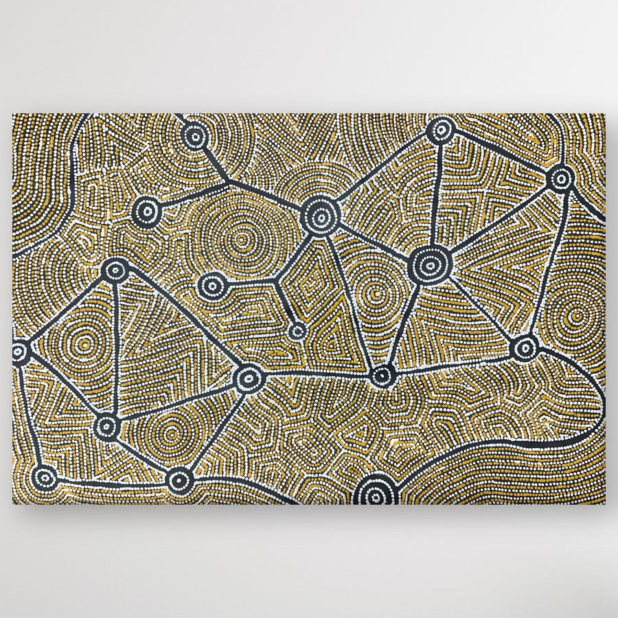"Seven Sisters Dreaming" Shanna Napanangka Williams 91cm x 60cm painting displayed on a wall