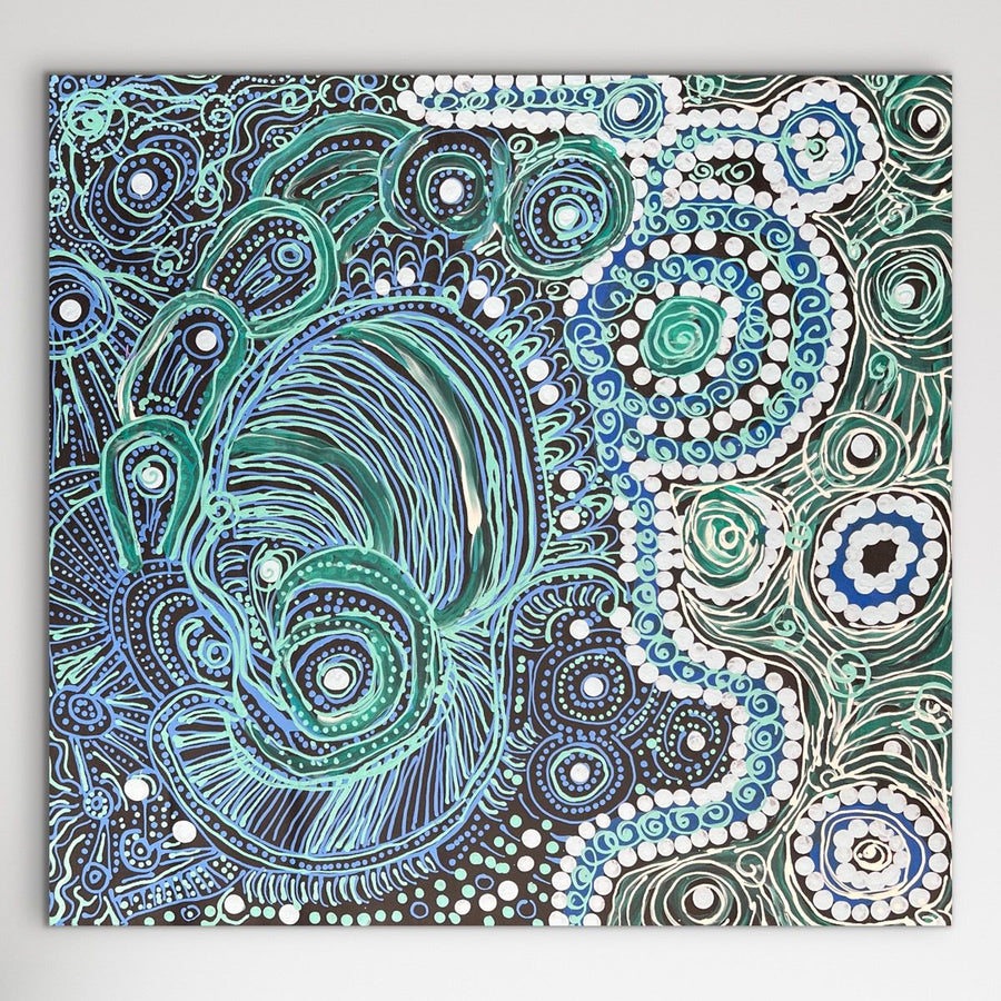 Colorful Aboriginal art with swirling patterns on a white background