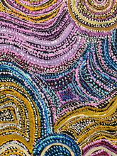 Load image into Gallery viewer, up close dot painting Rhoda Tjitayi pink, yellow, blue
