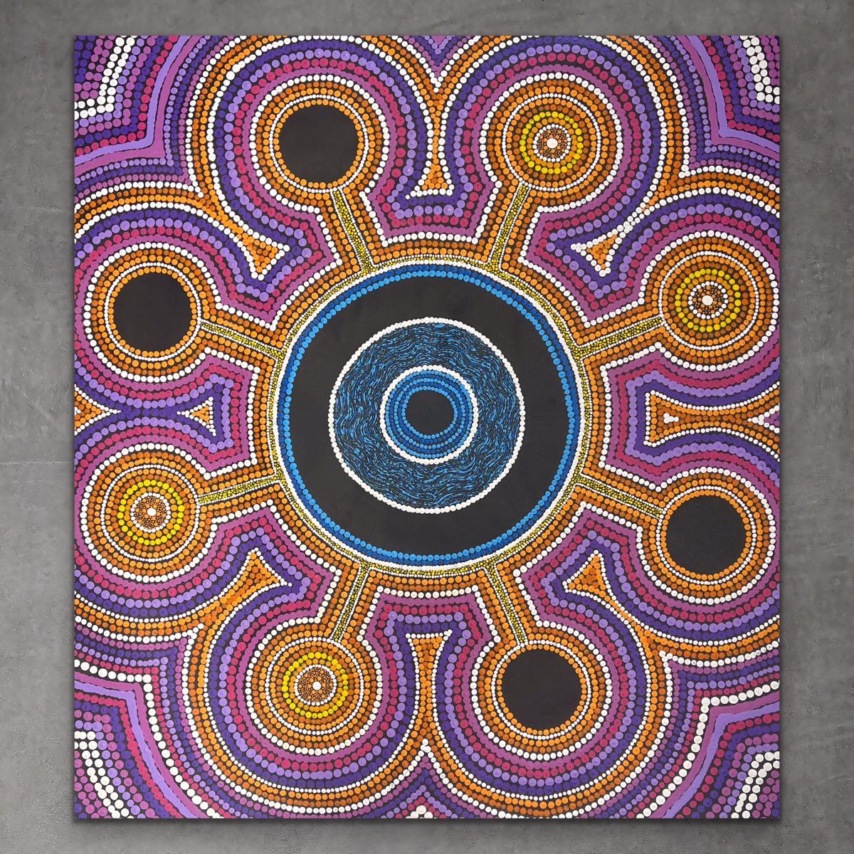 "Waterholes filling up around Oodnadatta" original Aboriginal painting by Felicia Wilson, 98cm x 87cm - authentic Indigenous Australian artwork