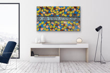 Load image into Gallery viewer, &quot;Fire Dreaming&quot; Alison Daniels 90cm x 144cm colourful contemporary indigenous artwork displayed in study
