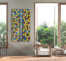 Load image into Gallery viewer, &quot;Fire Dreaming&quot; Alison Daniels 90cm x 144cm colourful contemporary indigenous artwork displayed in holiday home on tropics
