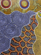 Load image into Gallery viewer, Julieanne Turner Aboriginal print depicting women’s ceremony, hunting, and bush tucker in dot style
