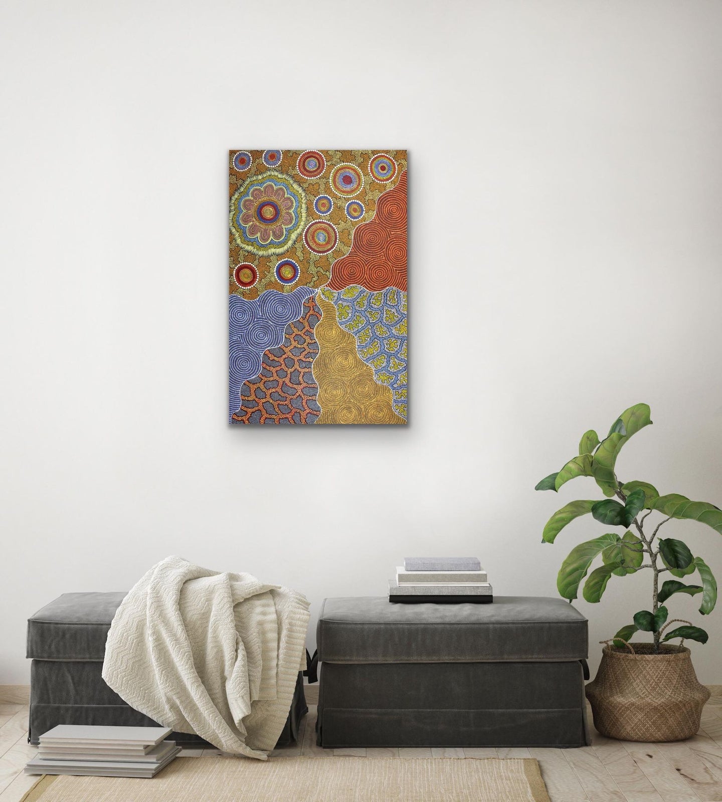 Warlpiri dot painting by Julieanne Nungarrayi Turner illustrating women’s hunting and gathering traditions